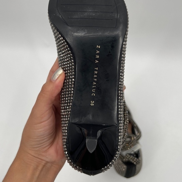 ZARA NEW GEM RHINESTONE BLACK GRAY SILVER POINTED BOW TIE ANKLE KITTEN HEELS 6 - Picture 6 of 11